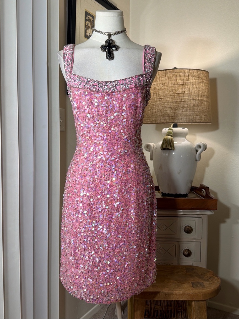 Vintage Cache Pink Beaded Sequin Square-Neck Mini Dress